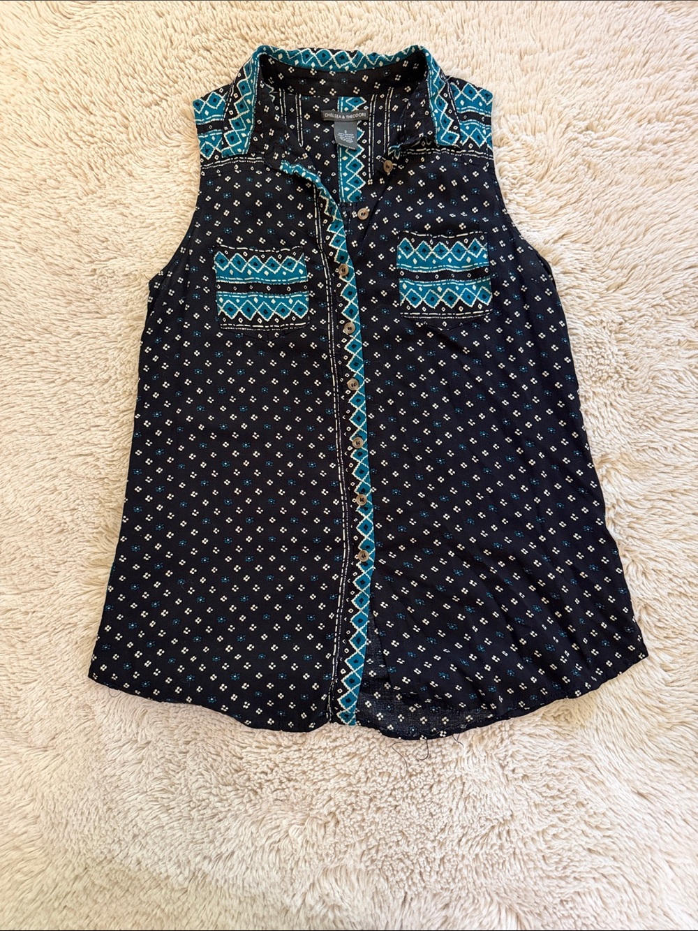 Black and Teal Geometric Sleeveless Blouse